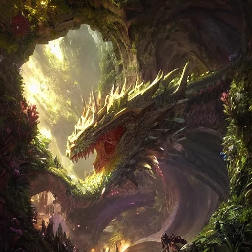 Image similar to Giant Dragon resting in a cave, natural light, lush plants and flowers, elegant, intricate, fantasy, atmospheric lighting, by Greg rutkowski, league of legends splash art