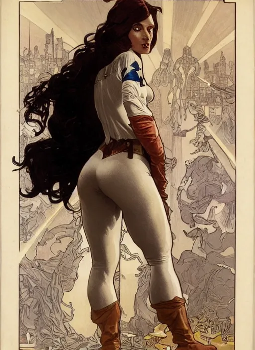 Image similar to slim young woman with a mischievous face and long aubrun wavy hair dressed as superhero in her early twenties, posing with arms tucked behind back, captain america, tight fit, curvaceous, intricate detailed face, amply proportioned, shiny, greg rutkowski, alphonse mucha