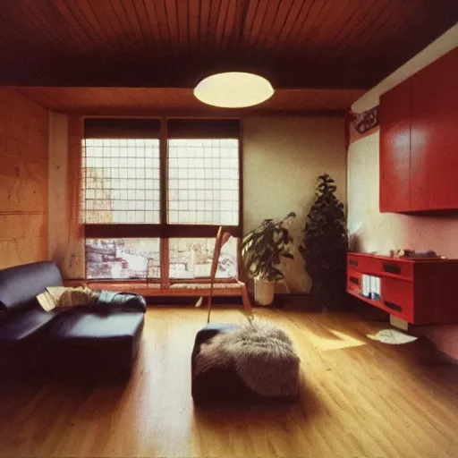 Image similar to Typical Slovenian urban living room in the year 1983, professional interior photography