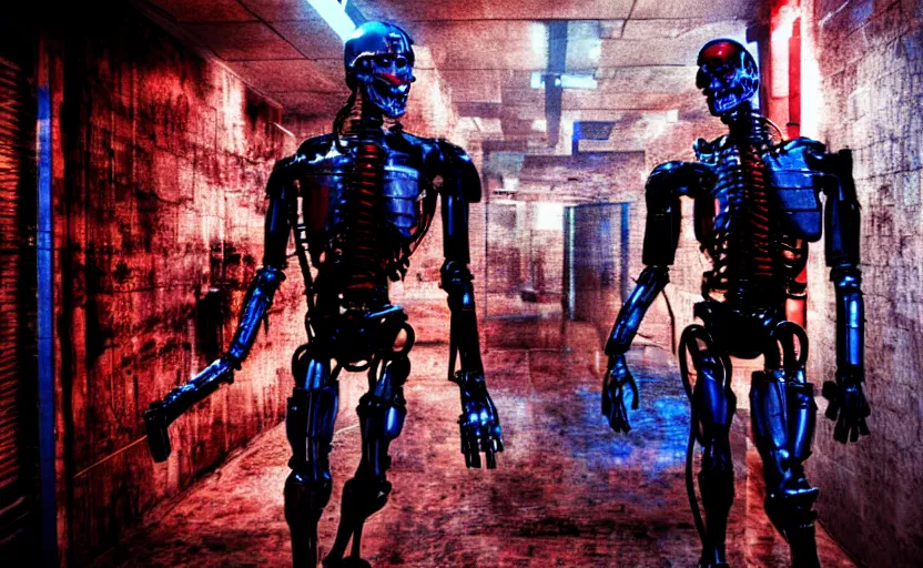 Prompt: terminator without flesh, staying in front of server room. extreme long shot, high detail, low saturated red and blue light, cinematic colors