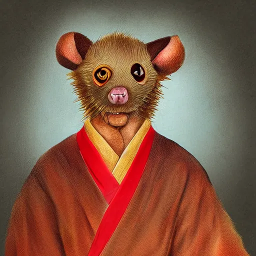 Image similar to a portrait of a human-rat mutant hybrid mutant with brown fur wearing a red kimono, painting, realistic, digital art