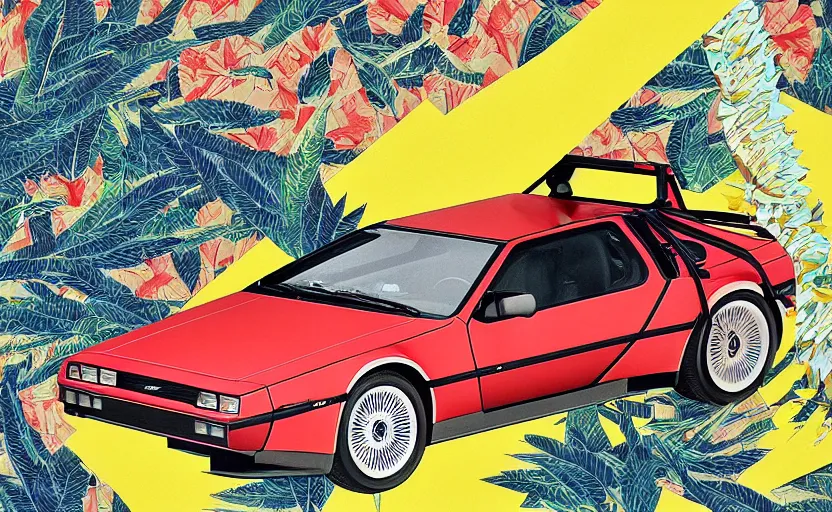 Image similar to a red delorean, yellow tiger stripe background, art by hsiao - ron cheng and utagawa kunisada, magazine collage, # de 9 5 f 0,