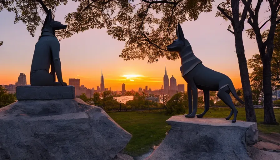 Prompt: anubis statue placed in new york, sunset, drone footage, sharp focus, professional photo