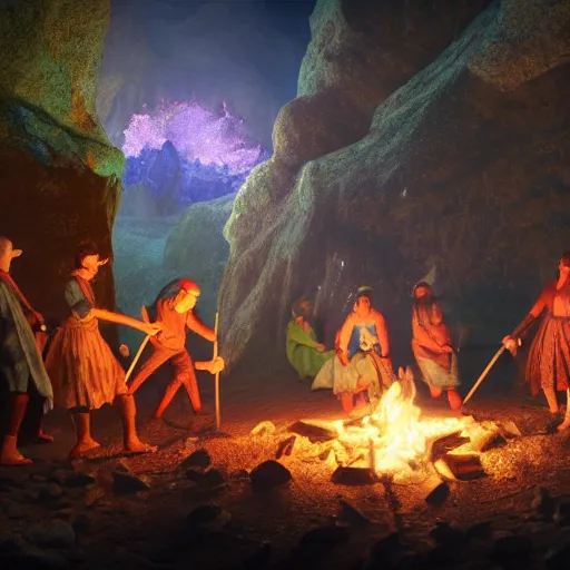 Image similar to medieval villagers dances around a campfire in a cave, colorful crystals everywhere, 4k, 8k, unreal engine, by greg rutkowski, hyper realistic, octane render