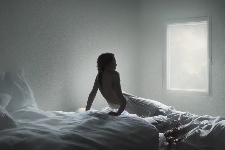 Prompt: vfx movie scene sleep paralysis night, a monster outside the bedroom window, natural lighting by emmanuel lubezki