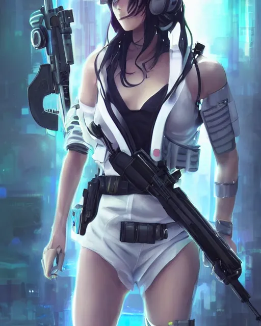 Image similar to nami, anime key visual of a young female swat officer, neon, cyberpunk, futuristic, white clothing, black vest, swat helmet, stunning, highly detailed, digital painting, smooth, soft focus, illustration, 4 k digital art from artstation by artgerm and greg rutkowski and alphonse mucha