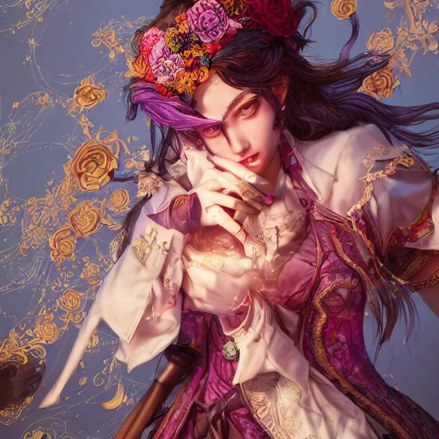 Prompt: the portrait of chaotic neutral semi - colorful female bard assassin as absurdly beautiful, gorgeous, elegant, young gravure idol looking up, an ultrafine hyperdetailed illustration by kim jung gi, irakli nadar, intricate linework, bright colors, octopath traveler, final fantasy, unreal engine 5 highly rendered, global illumination, radiant light, detailed and intricate environment