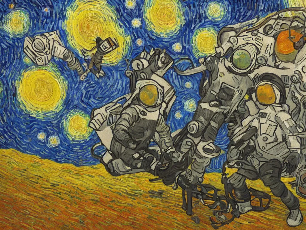 Image similar to bright beautiful oil painting of astronaut lands on a planet made of silly ghosts, light scatter, van gogh