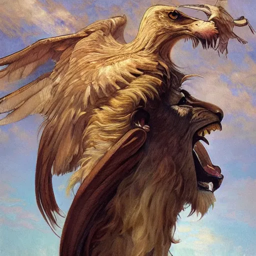 Image similar to a realistic oil painting of a winged lion's body with an eagle head, at night with a sky full of stars, highly detailed, trending on artstation, by james gurney and michael whelan and krenz cushart and alphonse mucha