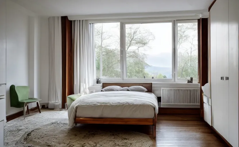 Image similar to art deco elegant bedroom interior, white, beige, slate, bed, walnut wood, bright, retro chic, minimalistic, swedish design, cupboards, giant windows with a view on green lush trees, sunset