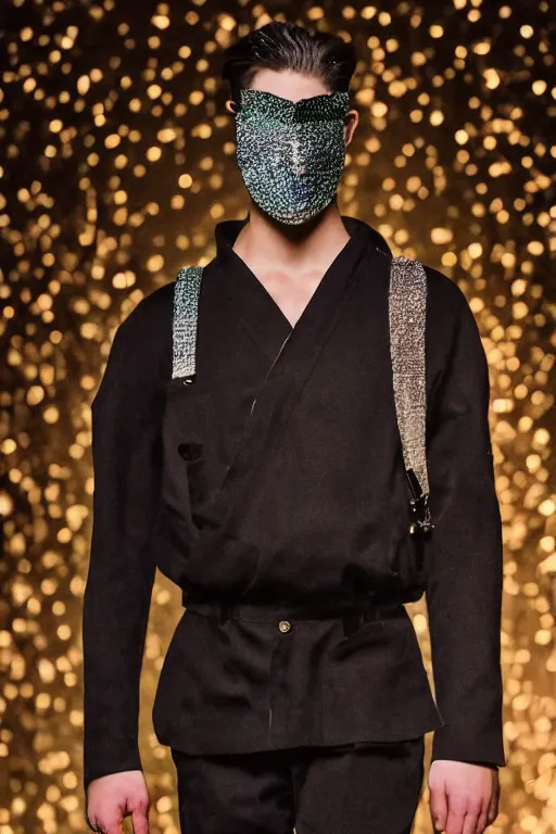 Prompt: 2 1 st century fashion show featuring men's wear based in 9 0 s england, fashion photography, vogue cover, elaborate lights. mask on face, accurate details, ultra hd, beautiful background