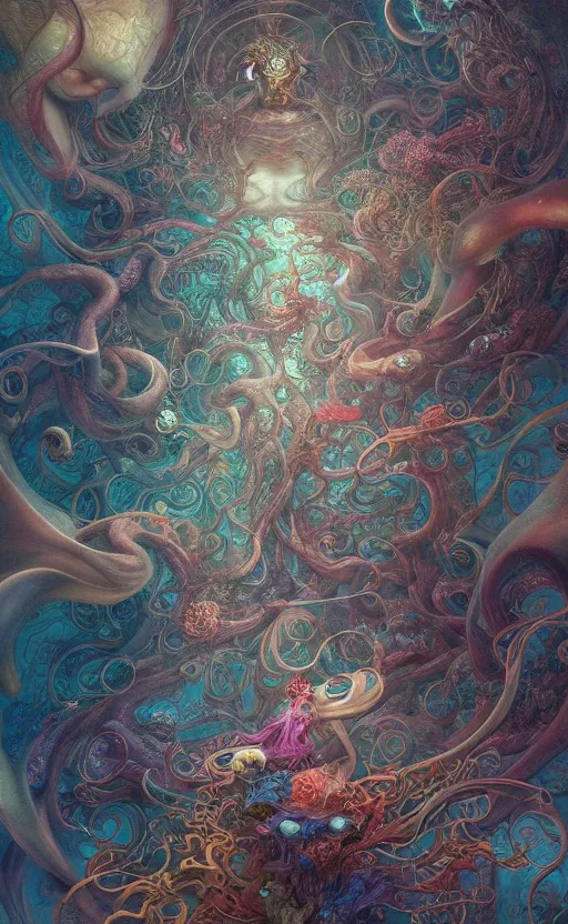 Image similar to a whirlwind of souls rushing inside the metaverse, gorgeous, great barrier reef, intricate, in the style of james jean, brian froud, hyperdetailed, sharp focus, intricate concept art, digital painting, ambient lighting, 4 k, hdt, artstation trending on gsociety, trending on artstationhq, hyper quality