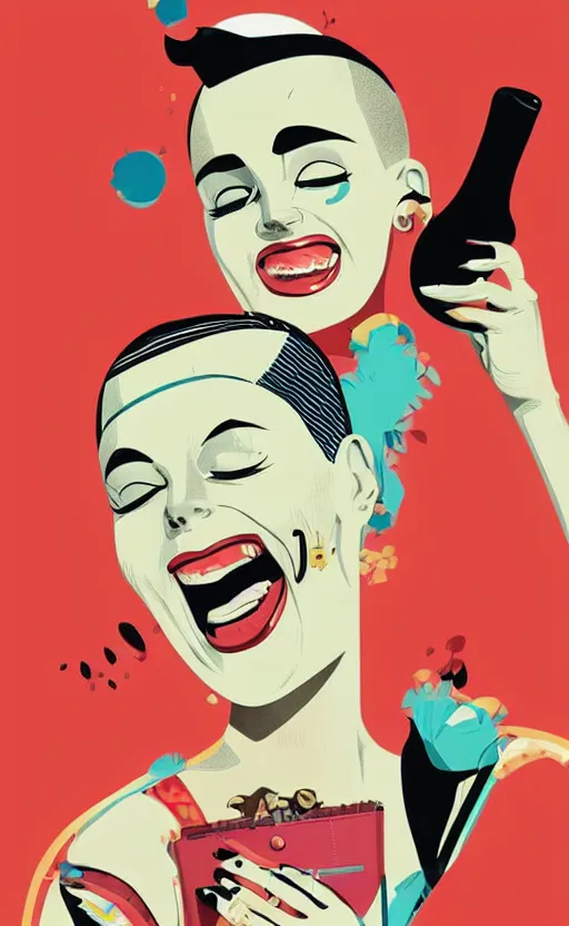 Prompt: illustration portrait of a woman with white buzzcut laughing out loud, art deco painting by tom whalen, by tomer hanuka, funny meme photo, trending on behance, digital illustration, storybook illustration, grainy texture, flat shading, vector art, airbrush, pastel, watercolor, poster