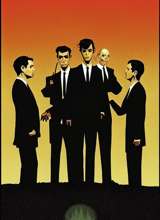 Image similar to poster artwork by Michael Whelan and Tomer Hanuka, of the Men in Black, from scene from Twin Peaks, clean