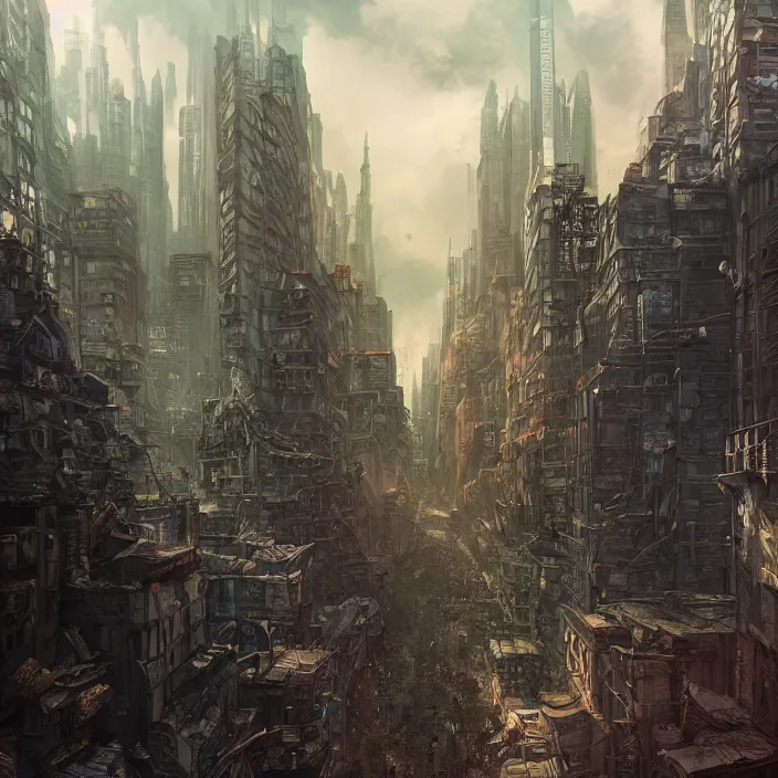 Image similar to an epic fantasy comic book style landscape painting of post - apocalyptic new york city, dark clouds hyper detailed ultra sharp sharp focus, studio ghibli, unreal 5, hyperrealistic, octane render, dramatic lighting, intricate detail, cinematic, dark atmosphere