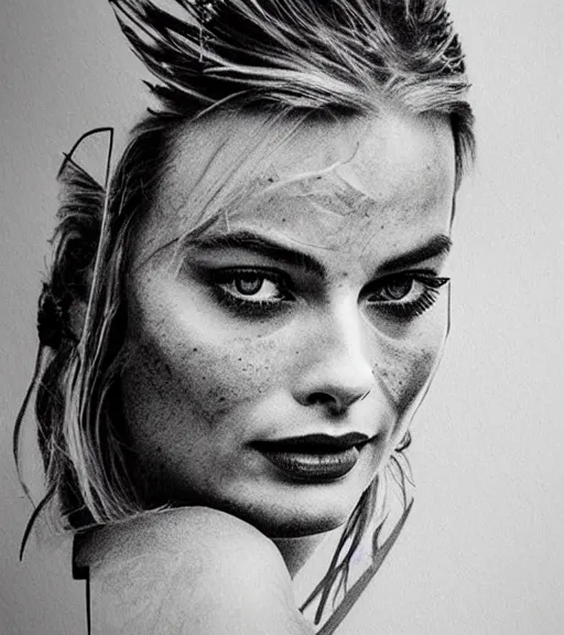 Image similar to tattoo design sketch double exposure of margot robbie with beautiful mountain scenery mash up, in the style of arlo dicristina, surrealist, amazing detail, sharp