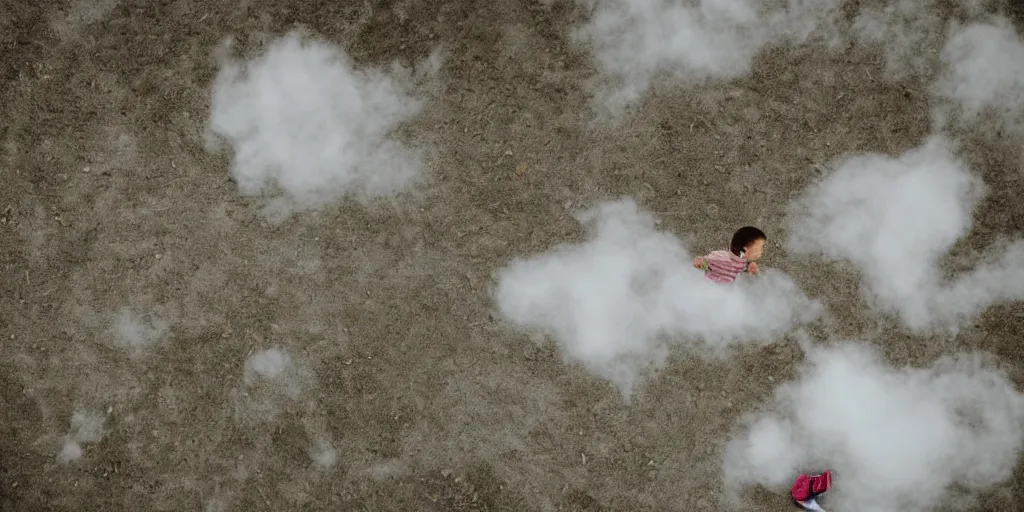 Image similar to a boy flying through clouds looking down at the ground