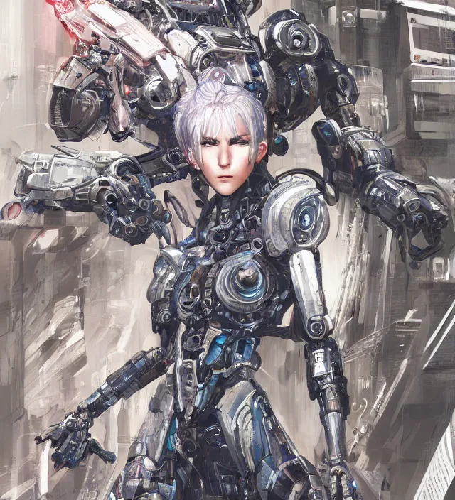 Image similar to highly detailed illustration of a cyberpunk girl with neon eyes and white hair , wearing future mecha, heroically battle posing, muscular, intricate, elegant, highly detailed, centered, digital painting, artstation, concept art, sharp focus, concept art, by Katsuya Terada