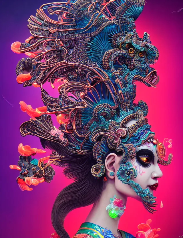 Prompt: 3 d goddess close - up profile portrait with crown, ram skull. beautiful intricately detailed neon japanese crow kitsune mask and clasical japanese kimono. betta fish, jellyfish phoenix, bio luminescent, plasma, ice, water, wind, creature, artwork by tooth wu and wlop and beeple and greg rutkowski