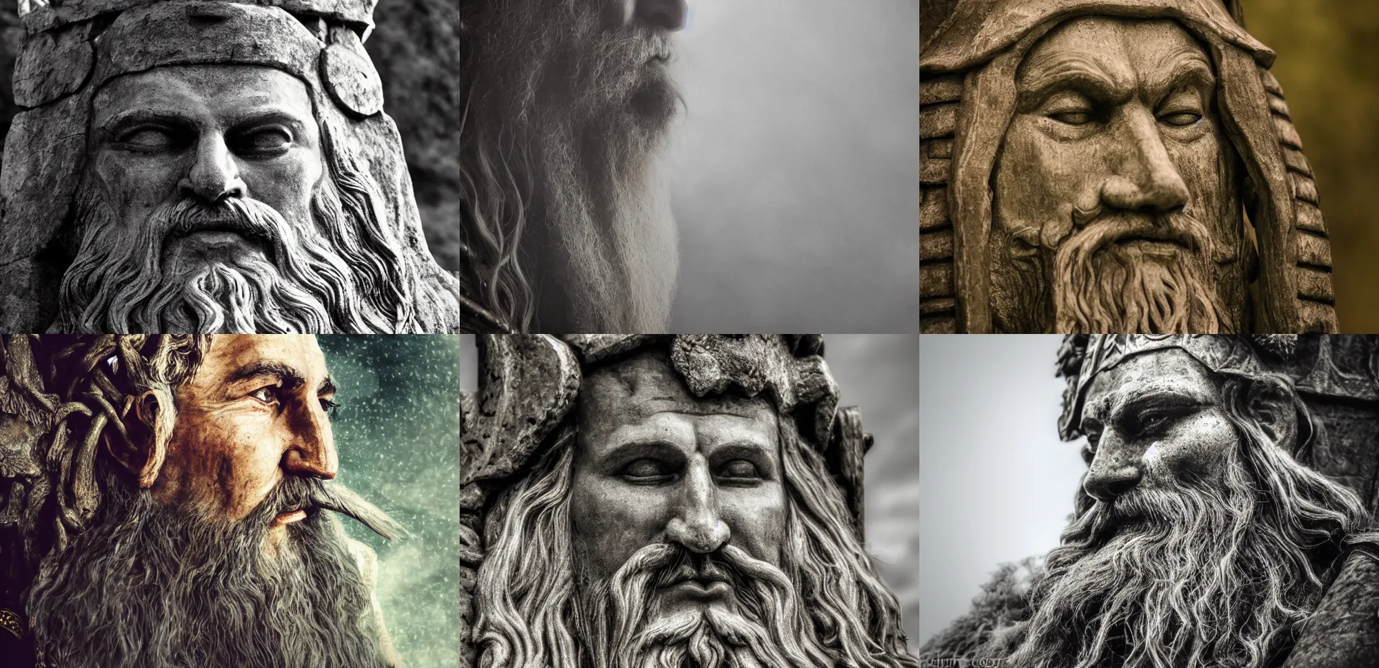 Prompt: cinematic close up of an ancient Celtic druid king's face while he sits relaxed on his druid throne, light fog, fantasy,