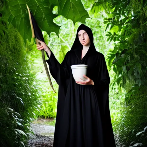 Prompt: a beautiful young witch in a black robe, holding white brugmansia