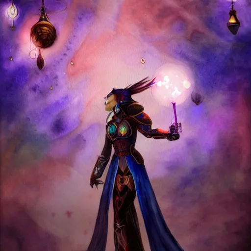 Image similar to Path of Exile, Maven, watercolour painting, female image with purple hair among colourful lights, dark blue spheres fly around, dark fantasy, steampunk, 4k,