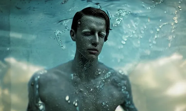 Prompt: full shot of a man made of water, photorealistic, cinematic lighting, 8 k, extremely detailed photograph by jamie baldridge