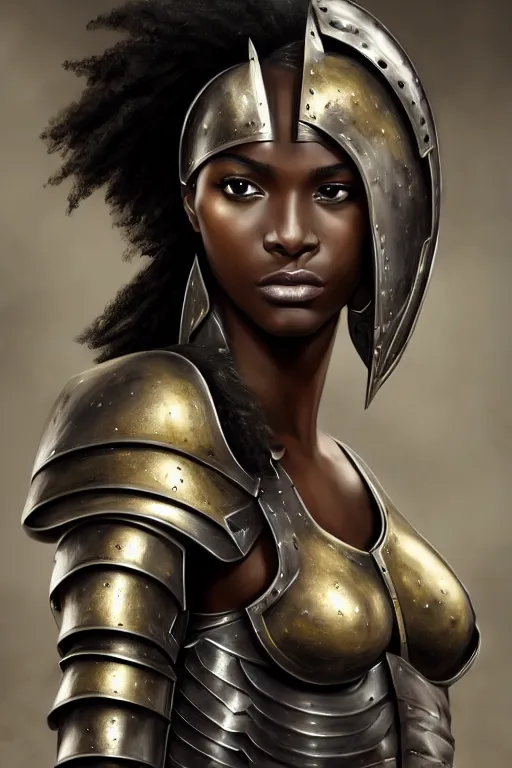 Prompt: a photorealistic painted portrait of an attractive young black girl, partially clothed in metal-plated battle armor, matt olive skin, long dark hair, flawless skin, beautiful bone structure, perfectly symmetric facial features, perfect photorealistic eyes, natural physique, intricate, elegant, digital painting, concept art, finely detailed, beautifully illustrated, sharp focus, minimal artifacts, from Metal Gear, by Ruan Jia and Mandy Jurgens and Artgerm and William-Adolphe Bouguerea, in the style of Greg Rutkowski, trending on Artstation, award winning art