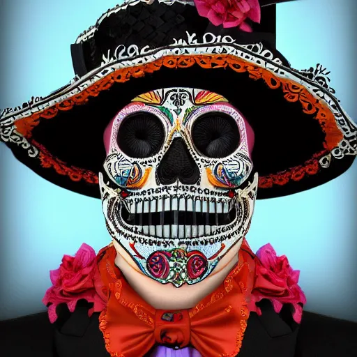 Prompt: Exquisitely dressed calavera mariachi with a intricate Sombrero portrait, 8K resolution, digital art, hyper realistic, intricately detailed, Trending on Artstation, award winning image