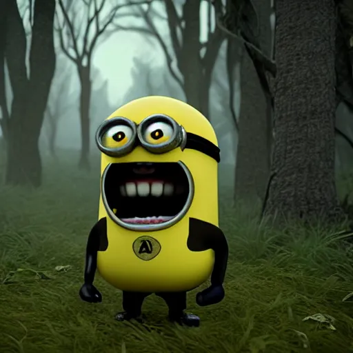 Image similar to creepy, scary, horror minion in dark forest, 8k, CryEngine