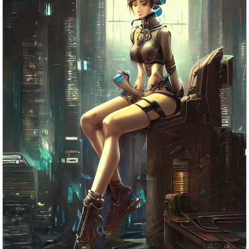 Prompt: a painting of a woman sitting on a stool, cyberpunk art by masamune shirow, pixiv contest winner, fantasy art, steampunk, enchanting, detailed painting, storybook illustration
