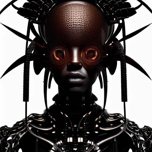 Image similar to portrait of an absurdly beautiful, graceful, sophisticated, fashionable black cyberpunk mechanoid gravure idol, hyperdetailed illustration by irakli nadar, matt wisniewski style, intricate linework, dark black porcelain skin, jellyfish headdress, brown eyes, unreal engine 5 highly rendered, global illumination, red light, detailed and intricate environment