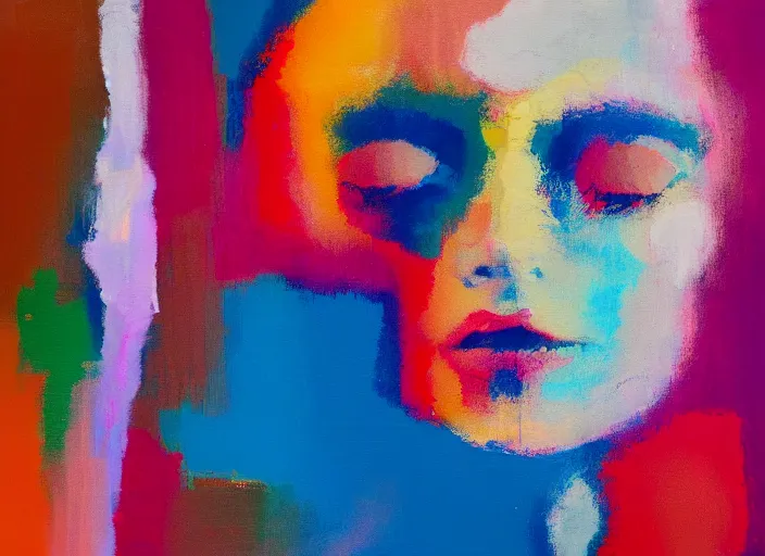 Prompt: Portrait of woman made of paint impasto abstract Rothko in background, portrait in the style of Gerhard Richter, palette knife, paint, blurred, chromatic dispersion