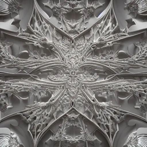 Image similar to a hyperrealistic 3 d render of a delicate ivory sculpture of an ornate detailed cathedral populated by mandelbrot fractals, micro detail, unreal engine, backlit lighting, psychedelic, octane renderer, catholicpunk, glowing, white color scheme, photorealistic, physically based rendering, angelic, colorful, carved soap, trending on cgsociety