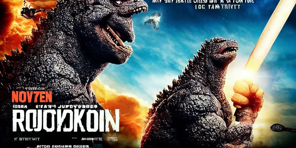 Image similar to movie poster of dwayne johnson with a baseball bat fighting godzilla outside a space station