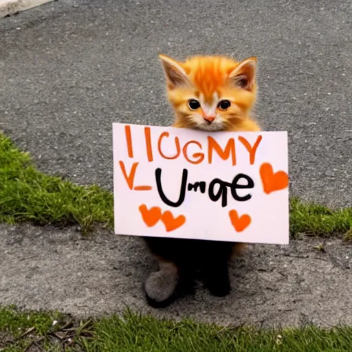 Image similar to cute fluffy orange tabby kitten with a sign that says