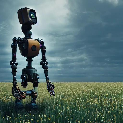 Image similar to robot with little girl collect flowers in the field, steampunk, cyberpunk, 4k, hyperrealistic, focused, high detail, unreal engine 5, cinematic