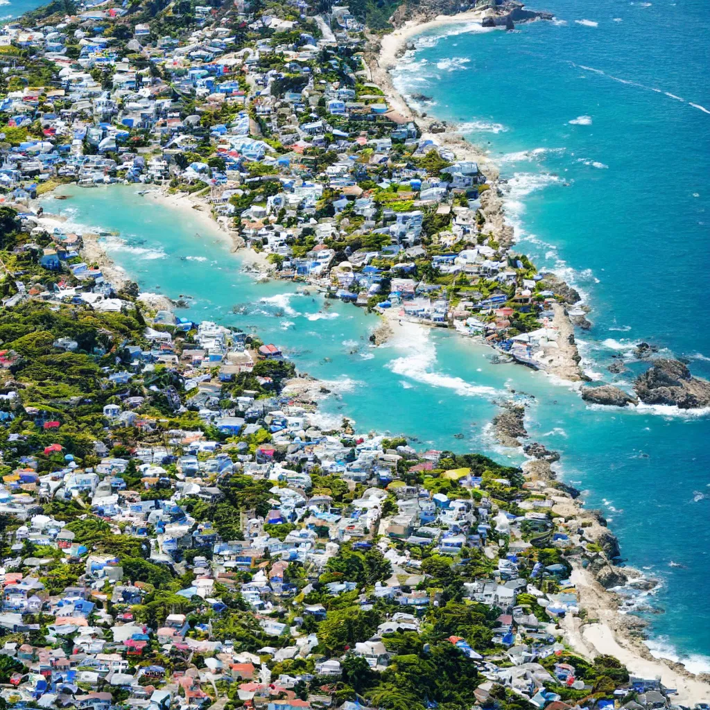 Prompt: down angled view of an anime town, ocean, town, beach, hills