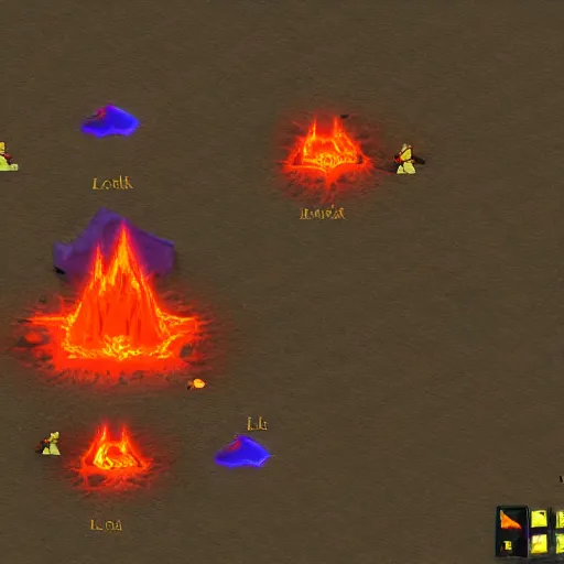 Image similar to TzKal-Zuk at the Inferno, old school runescape, lava river, magma, large shield of magma, obsidian pillars