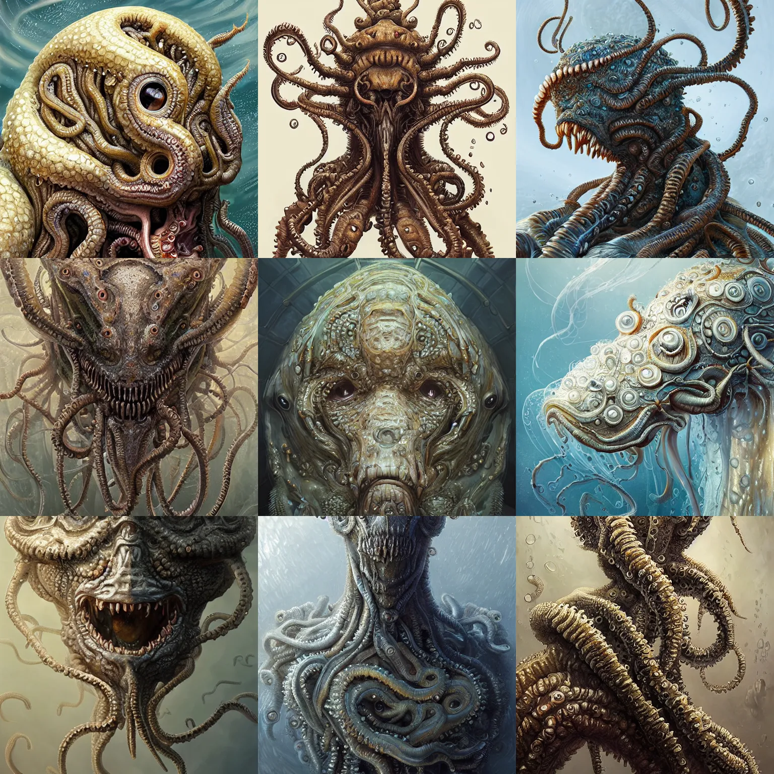 Prompt: A masterpiece portrait of a lovecraftian monster. Very detailed barnacles on its body. intricate, elegant, highly detailed. trending on artstation, digital art, by Stanley Artgerm Lau, WLOP, Rossdraws, James Jean, Andrei Riabovitchev, Marc Simonetti, Yoshitaka Amano