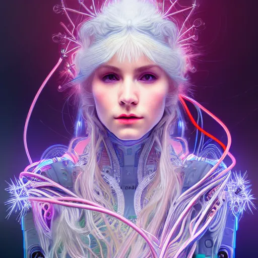 Image similar to high quality, high detailed portrait of a snow queen cyberpunk character in a futuristic world, hyperrealism, intricate details, cables, wires, connectors, led. alphonse mucha, pastel colors, vintage, artstation, vector. 8 k