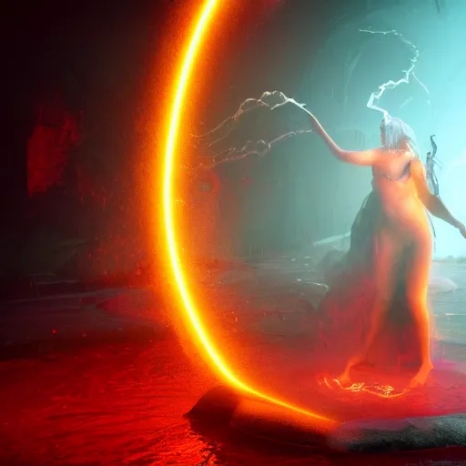 Image similar to an ancient sorceress emerging from a deep red glowing swirling pool glowing with whisps of smoke , octane render, UHD