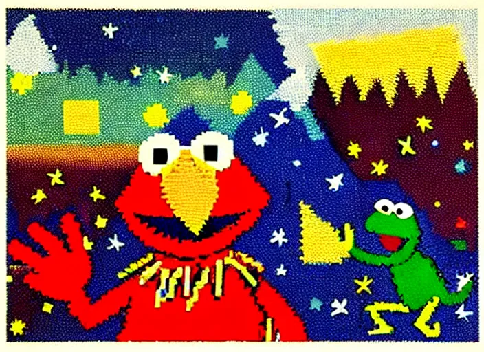 Image similar to pixel decollage painting trash can toter as tarot card fool with sesame street elmo and kermit muppet on a horse knight in a dark red cloudy night sky background and golden foil jewish stars , mountain lake and blossoming field in background, painted by Mark Rothko, Helen Frankenthaler, Danny Fox and Hilma af Klint, pixelated, neo expressionism, semi naive, pastel colors, cinematic, color field painting, cave painting, voxel, pop art look, outsider art, minimalistic. Bill Traylor painting, part by Philip Guston and Francis Bacon. art by Adrian Ghenie, very coherent symmetrical artwork, cinematic, hyper realism, high detail, octane render, unreal engine, Smooth gradients, depth of field, full body character drawing, extremely detailed, 8k, extreme detail, intricate detail, masterpiece