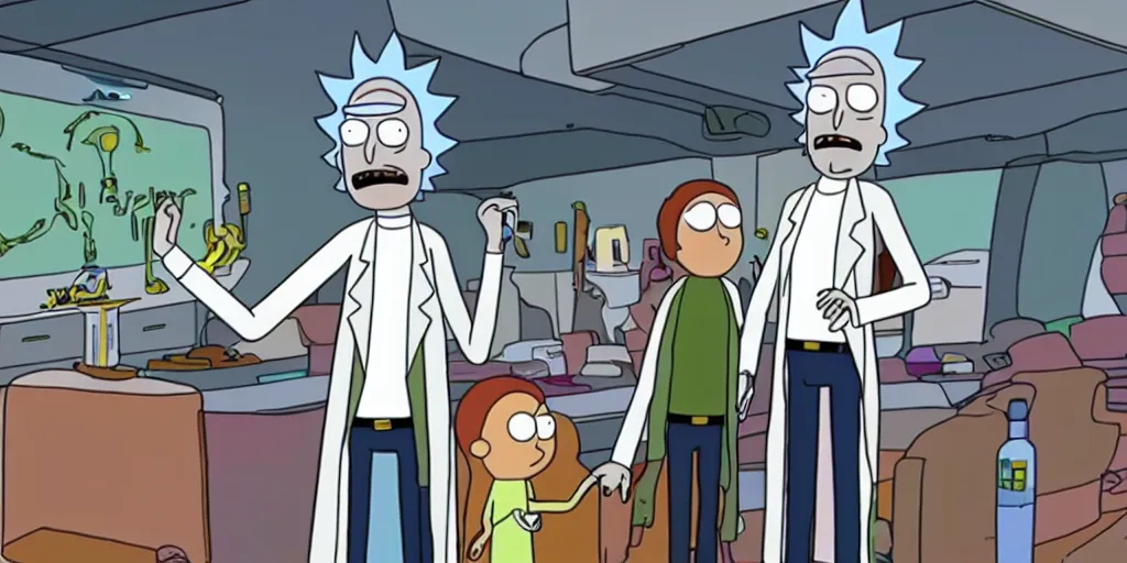 Prompt: movie still of a rick and morty episode where elon musk is a rocket