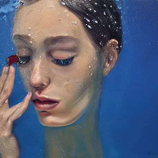 Image similar to fashion model crying underwater, hyperrealism oil painting