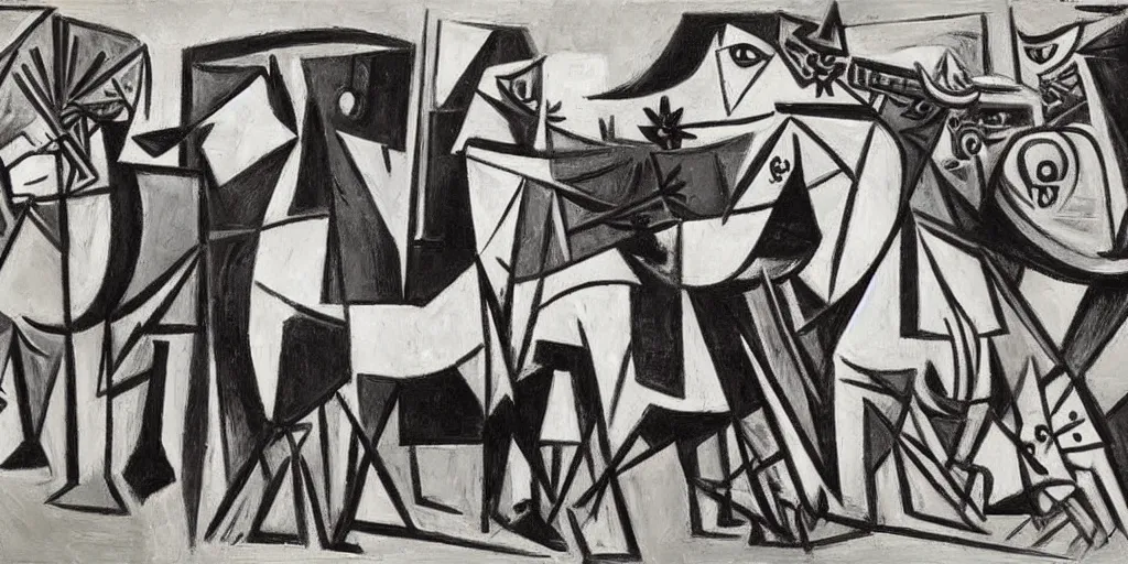 Prompt: upscale painting by picasso, black and white painting of warscene, horses and arms, weaponry and fighting