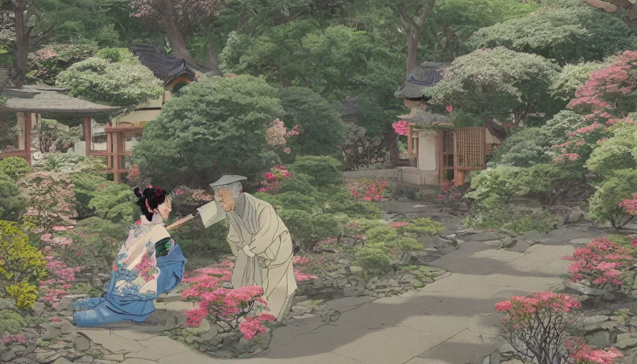 Prompt: old japanese man giving flowers to his wife, japanese flowery garden in the village, sunny day, drawing, hyperdetailed, artstation, cgsociety, 8 k