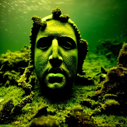 Image similar to Ruins, Nicolas Cage underwater mossy old statue, ruins, photo, dark, kelp and moss all over, bottom of ocean, deep ocean, bottom of ocean, dark, 35mm, fish, underwater landscape, 4k, detailed, photorealistic, photo, Atlantis, underwater camera, fish, fish, fish