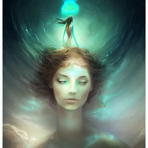 Image similar to nature goddess rising out of the water by charlie bowater, beautiful, bioluminescent, ethereal, mist