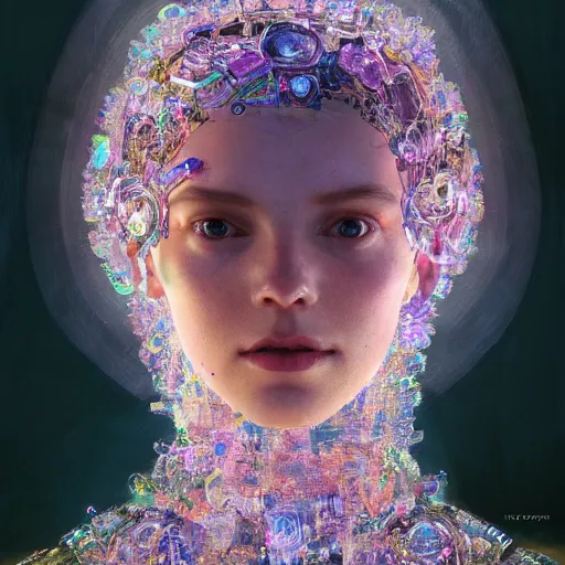 Prompt: a portrait of robot with a brain made of crystals, glowing halo, fantasy, intricate, elegant, highly detailed, digital painting, artstation, concept art, smooth, sharp focus, art by anthony macbain + greg rutkowski + alphonse mucha, concept art, 4k, sharp focus, cinematic unreal engine